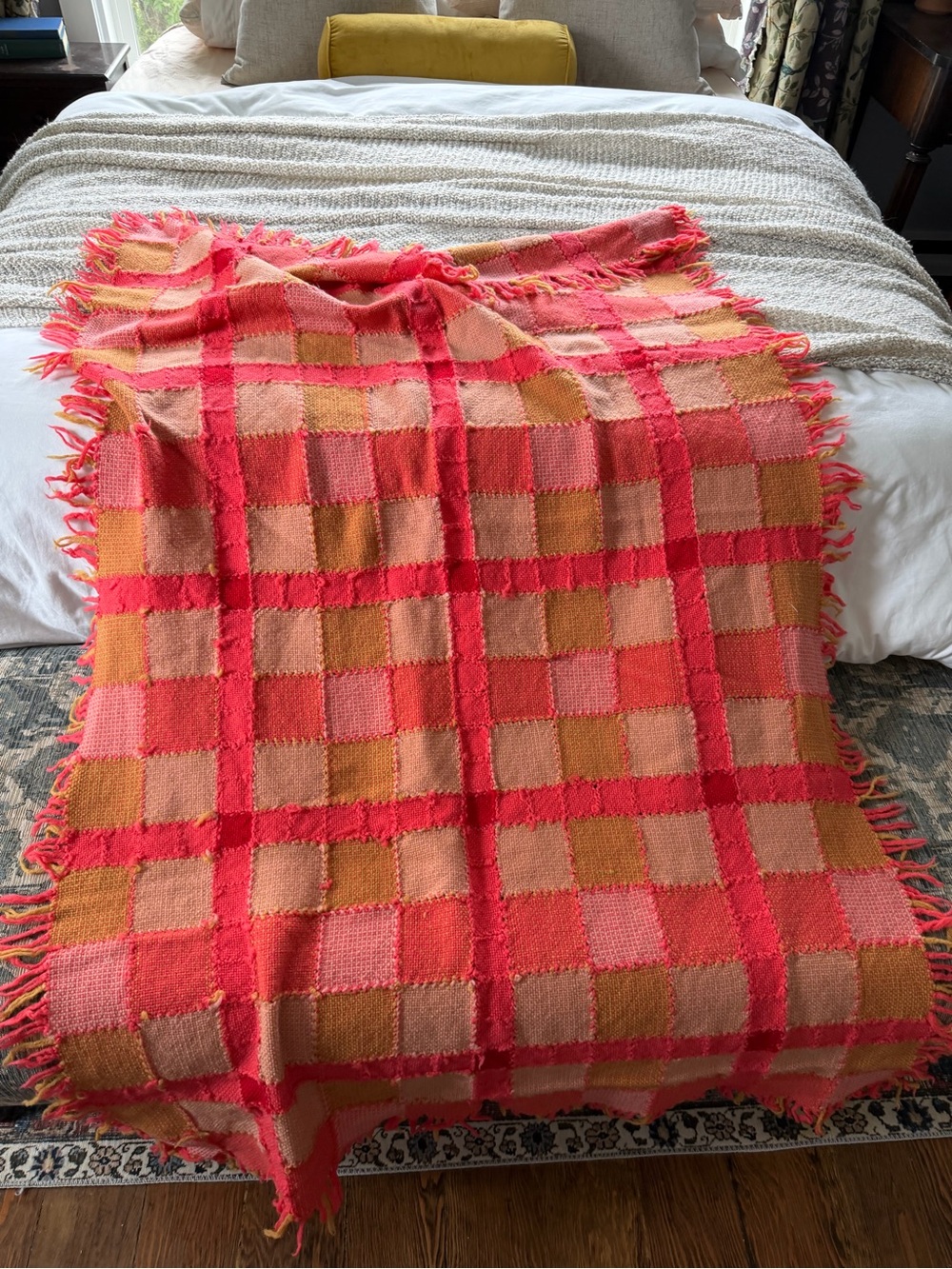 Vibrant Red & Coral Check Woven Handmade Throw Blanket